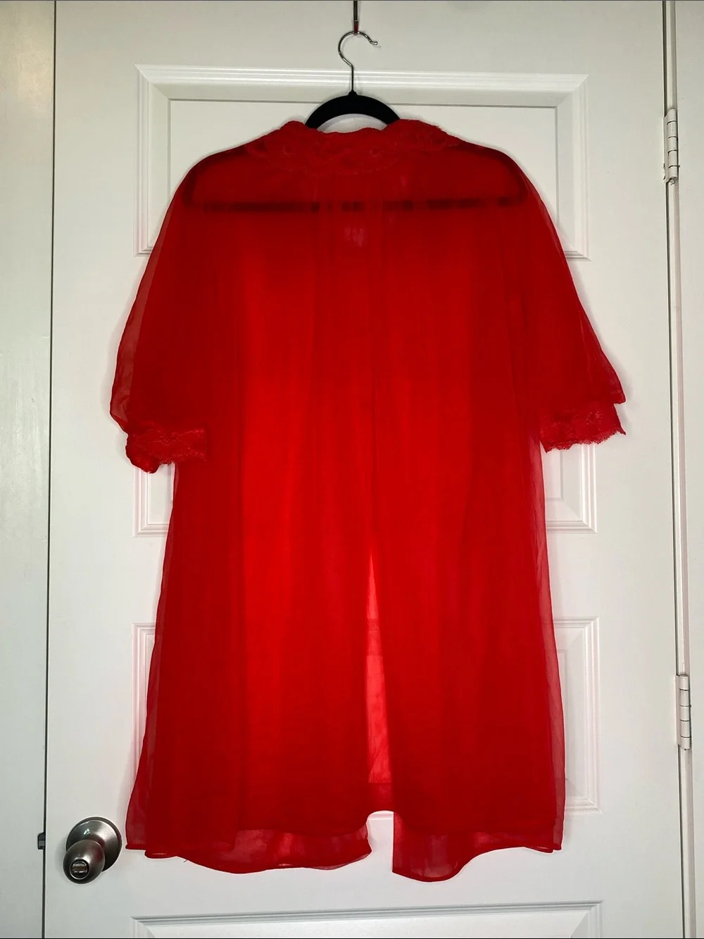 Vintage Red Sheer Bed Jacket with Lace Collar - Picture 7 of 7
